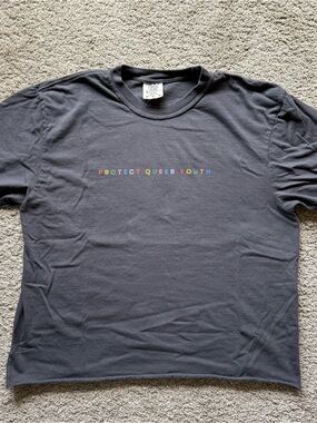 Charcoal Cropped Tee with Multicolor "Protect Queer Youth" Chest Graphic